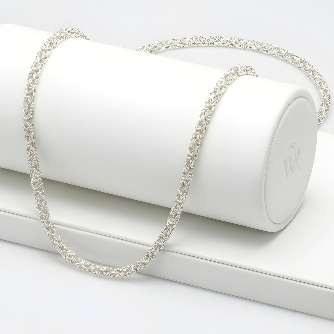 Silver Byzantine Rhodium Plated Chain Necklace (60cm) – Intricate Interlocking King's Link Chain for Men & Women